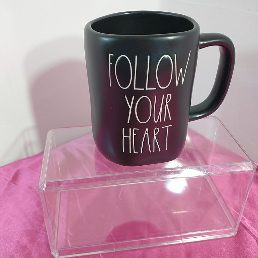 Rae Dunn Follow Your Heart Mug Matte Black Long White Writing. Condition is New